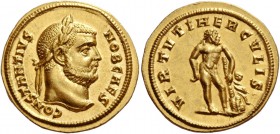 Constantius I Chlorus caesar, 293 – 305. Aurus, Cyzicus (?) circa 293, AV 6.55 g. CONSTANTIVS – NOB CAES Laureate head r. Rev. VIRTVTI HERCVLIS Naked ...