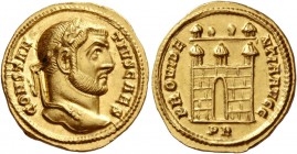 Constantius I Chlorus caesar, 293 – 305. Aureus circa 298-299, AV 5.20 g. CONSTAN – TIVS CAES Laureate head r. Rev. PROVIDE – NTIA AVGG Camp gate with...