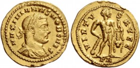 Galerius Maximianus caesar, 293 – 305. Half light aureus circa 298-299, AV 2.87 g. MAXIMIANVS NOB CAES Laureate, draped and cuirassed bust r. Rev. VIR...