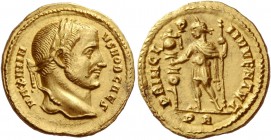 Maximinus II Daia caesar, 305 – 309. Aureus late spring-summer 307, AV 5.32 g. MAXIMINV – S NOB CAES Laureate head r. Rev. PRINCI – P – I IVVENTVT Pri...