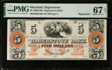 Hagerstown, Maryland. Hagerstown Bank. 1850s-60s $5. PMG Superb Gem Uncirculated 67 EPQ. Remainder.
(MD240G40b). No. 4873, Plate A. Remainder.

Est...