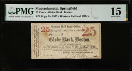 Springfield, Massachusetts. Globe Bank, Boston. 1862 25 Cents. PMG Choice Fine 15.
Western Railroad Office. No. 84, Plate B.

Estimate: $100.00- $1...