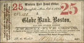 Springfield, Massachusetts. Globe Bank, Boston. 1862 25 Cents. Very Fine.
Mounting remnants, paper pull.

Estimate: $150.00- $250.00
