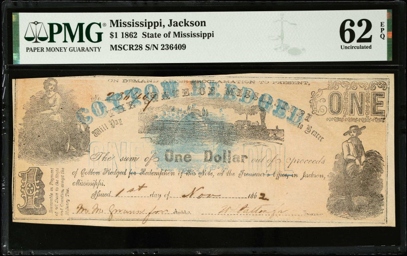 Jackson, Mississippi. State of Mississippi. 1862 $1. PMG Uncirculated 62 EPQ.
(...