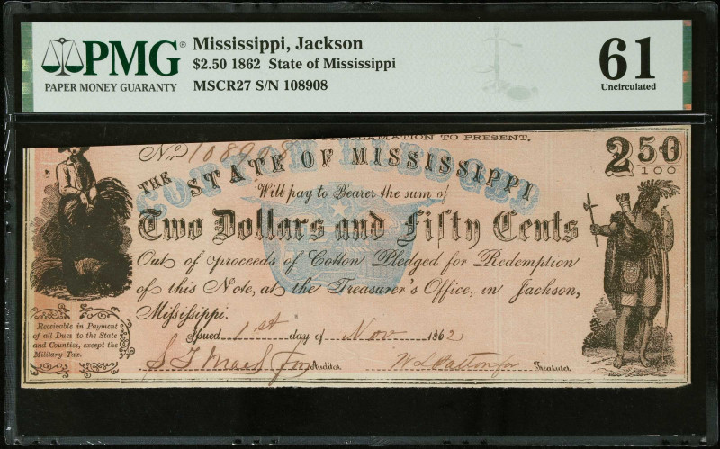 Jackson, Mississippi. State of Mississippi. 1862 $2.50. PMG Uncirculated 61.
(M...