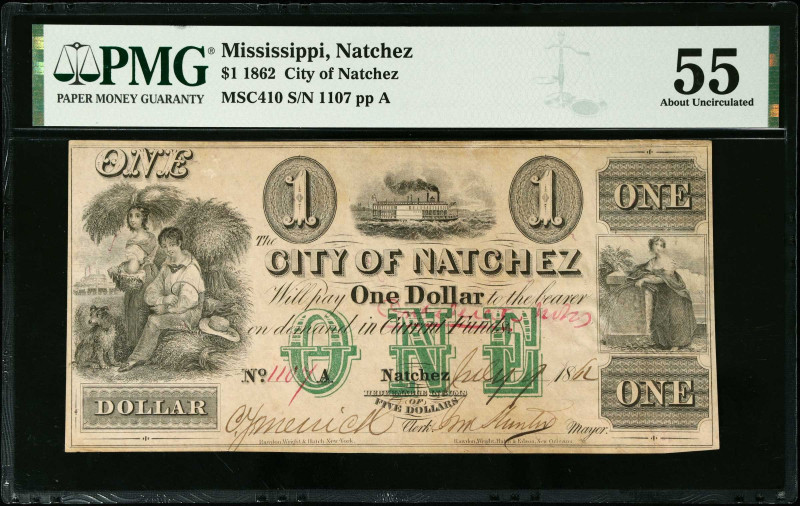 Natchez, Mississippi. City of Natchez. 1862 $1. PMG About Uncirculated 55.
(MSC...