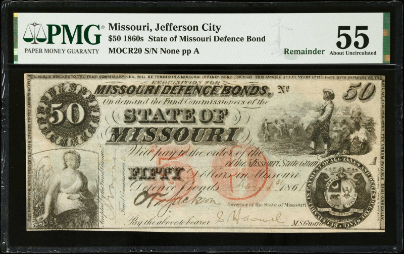 Jefferson City, Missouri. State of Missouri Defence Bond. 1860s $50. PMG About U...