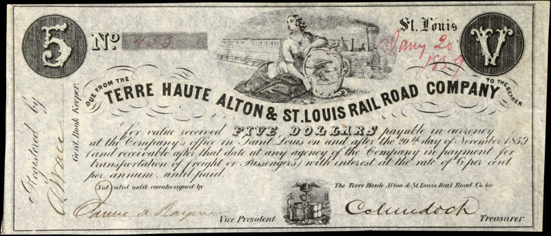 St. Louis, Missouri. Terre Haute, Alton & St. Louis Rail Road Company. 1859 $5. ...