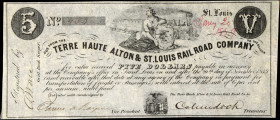 St. Louis, Missouri. Terre Haute, Alton & St. Louis Rail Road Company. 1859 $5. Very Fine.
Pinhole. Light stains.

Estimate: $40.00- $60.00
