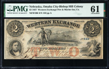 Omaha City-Bishop Hill Colony, Nebraska. Western Exchange Fire & Marine Insurance Co. 1857 $2. PMG Uncirculated 61.
(NEW206). No. 193, Plate A. PMG c...