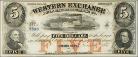 Omaha City, Nebraska. Western Exchange Fire & Marine Insurance Co. 1857 $5. Choice Uncirculated. Remainder.
Toning.

Estimate: $80.00- $120.00