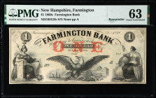 Farmington, New Hampshire. Farmington Bank. 1860s $1. PMG Choice Uncirculated 63. Remainder.
(NH105G2b). Plate A. Remainder. PMG comments "Pinholes."...