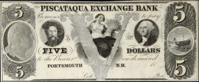 Portsmouth, New Hampshire. Piscataqua Exchange Bank. 18xx $5. Choice Uncirculated. Remainder.
Mounting remnants.

Estimate: $80.00- $120.00