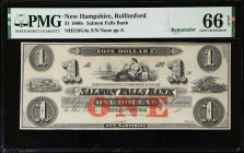Rollinsford, New Hampshire. Salmon Falls Bank. 1860's $1. PMG Gem Uncirculated 66 EPQ. Remainder.
(NH310G4a). Plate A. Remainder.

Estimate: $100.0...