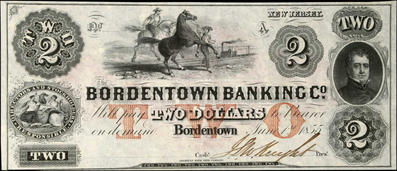 Bordentown, New Jersey. Bordentown Banking Co. 1855 $2. Choice Uncirculated. Rem...