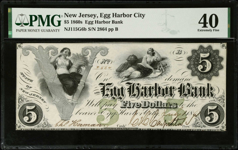 Egg Harbor City, New Jersey. Egg Harbor Bank. 1860s $5. PMG Extremely Fine 40.
...