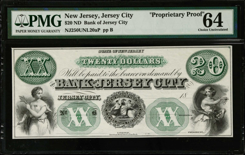 Jersey City, New Jersey. Bank of Jersey City. 18xx $20. PMG Choice Uncirculated ...