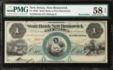 New Brunswick, New Jersey. State Bank of New Brunswick. 1860s $1. PMG Choice About Uncirculated 58 EPQ. Remainder.
(NJ350G16a). No. 7059, Plate D. Re...