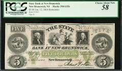 New Brunswick, New Jersey. State Bank at New Brunswick. 1864 $5. PCGS Currency Choice About New 58. Remainder.
No. 31603, Plate B. Remainder. PCGS Cu...