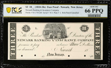 Newark, New Jersey. Newark Banking & Insurance Co. 18__ (1810-20s) $3. PCGS Banknote Gem Uncirculated 66 PPQ. Face Proof.
(NJ370G60). Hole punch canc...