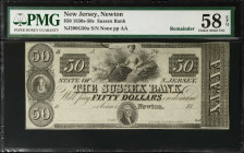 Newton, New Jersey. Sussex Bank. 1830s-50s $50. PMG Choice About Uncirculated 58 EPQ. Remainder.
(NJ390G50a). Plate AA. Remainder.

Estimate: $80.0...