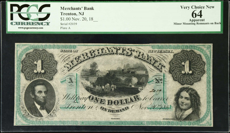 Trenton, New Jersey. Merchants Bank. 18xx $1. PCGS Currency Very Choice New 64 A...