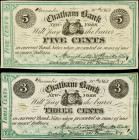 Lot of (2). Chatham, New York. Chatham Bank. 1862 3 & 5 Cents. Extremely Fine.
Pinholes, edge wear, ink.

Estimate: $80.00- $120.00