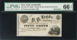 Jordanville, New York. P.P. Hyde. 1852 50 Cents. PMG Gem Uncirculated 66 EPQ. Remainder.
Remainder. November 1852.

Estimate: $150.00- $250.00