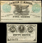 Lot of (2). Le Roy & Oneida, New York. James C. Knox & Unknown Issuer. Mixed Dates 5 & 50 Cents. Fine & Extremely Fine.
The James C. Knox note is a r...