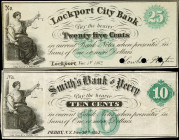 Lot of (2). Lockport & Perry, New York. Lockport City Bank & Smith's Bank of Perry. 1862 10 & 25 Cents. Very Fine. Remainders.
Annotations and punch ...