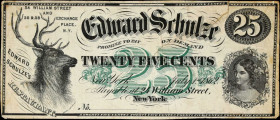 New York, New York. Edward Schulze's Restaurant. 1862 25 Cents. Fine.
Tape/tear repairs. Edge wear. Toning.

Estimate: $100.00- $200.00