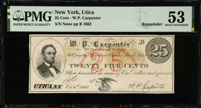 Utica, New York. W.P. Carpenter. 1862 25 Cents. PMG About Uncirculated 53. Remai...