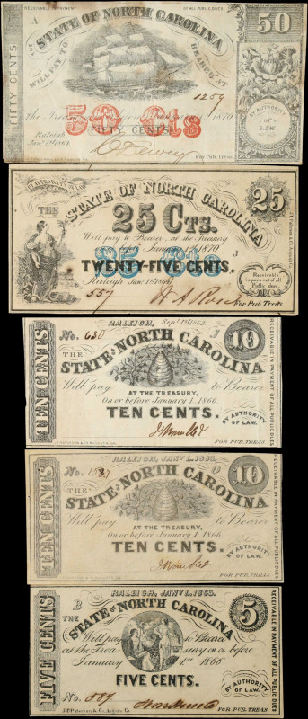 Lot of (6). Raleigh, North Carolina. State of North Carolina. 1862-70 5 to 50 Ce...