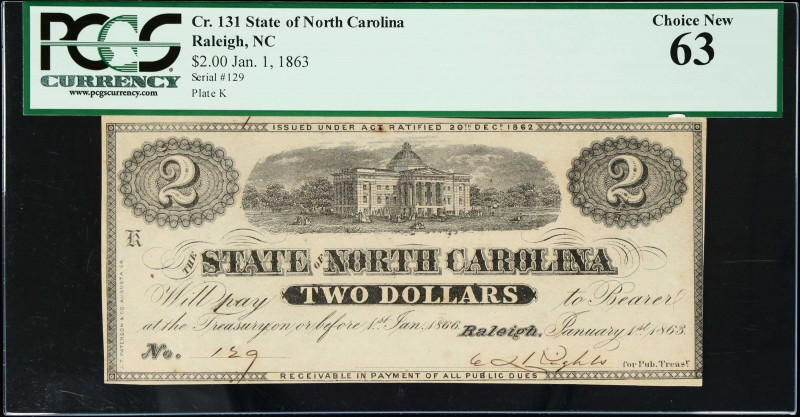 Lot of (2). Raleigh, North Carolina. State of North Carolina. 1863 $2 & $5. PCGS...