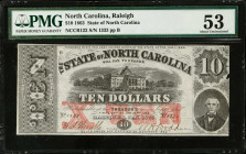 Raleigh, North Carolina. State of North Carolina. 1863 $10. PMG About Uncirculated 53.
(NCCR122). No. 1333, Plate B. PMG comments "As Made Paper Wrin...