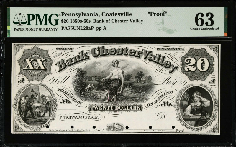 Coatesville, Pennsylvania. Bank of Chester Valley. 1850s-60s $20. PMG Choice Unc...