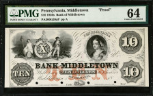 Middletown, Pennsylvania. Bank of Middletown. 1850s $10. PMG Choice Uncirculated 64. Proof.
(PA300G20aP). Plate A. Proof.

Estimate: $200.00- $400....