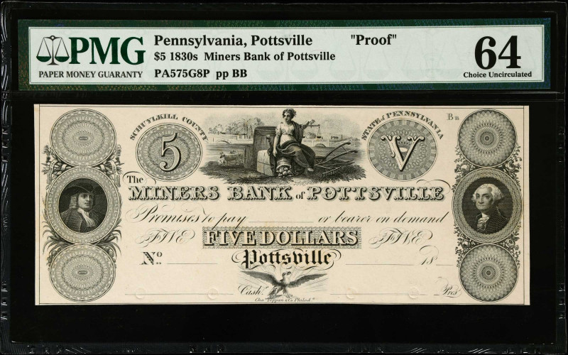 Pottsville, Pennsylvania, Miners Bank of Pottsville. 1830's. $5. PMG Choice Unci...