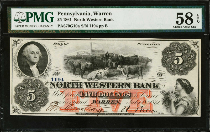 Warren, Pennsylvania. North Western Bank. 1861 $5. PMG Choice About Uncirculated...