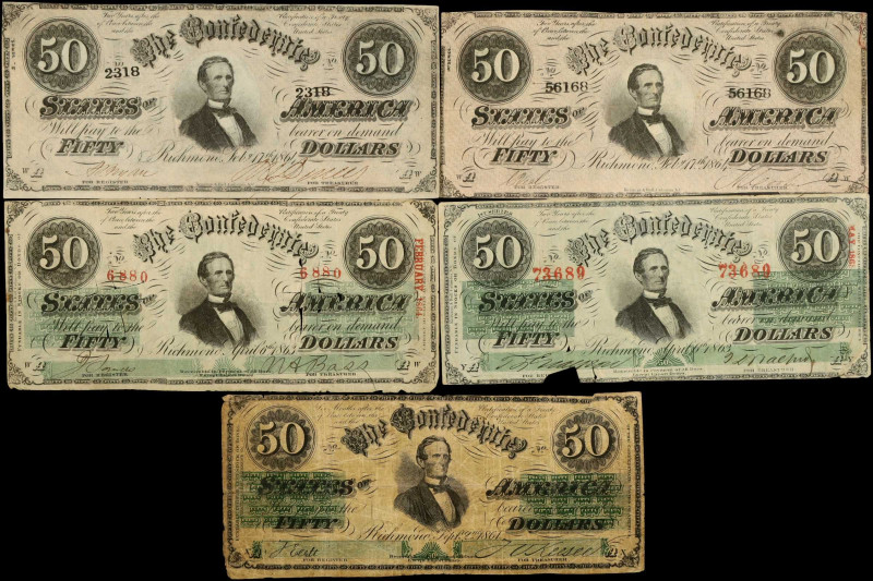 Lot of (5). CT-16, T-57 & T-66. Confederate Currency. 1861-64 $50. Fine to About...