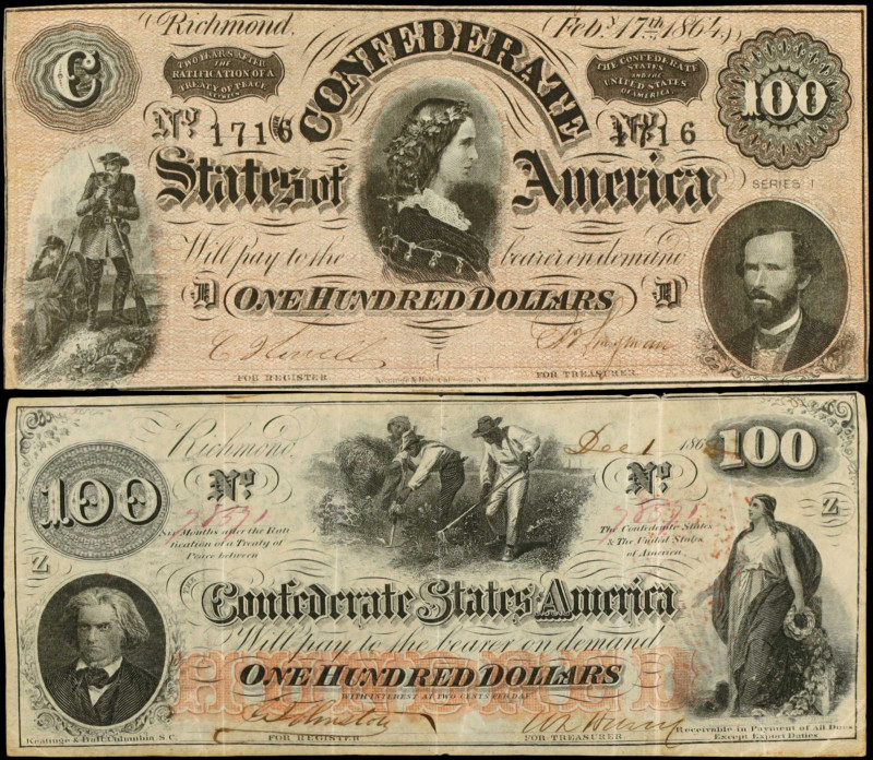 Lot of (2). T-41 & T-65. Confederate Currency. 1862-64 $100. Very Fine.
A duo o...