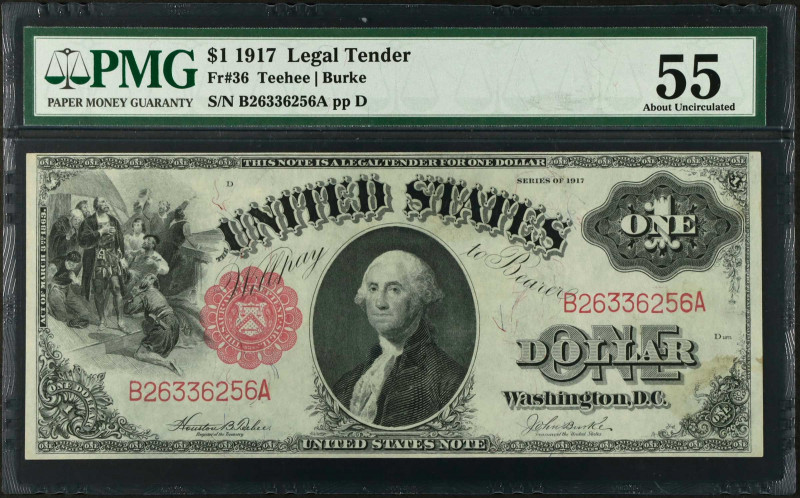 Fr. 36. 1917 $1 Legal Tender Note. PMG About Uncirculated 55.
PMG comments "Goo...