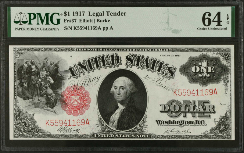 Fr. 37. 1917 $1 Legal Tender Note. PMG Choice Uncirculated 64 EPQ.
A beautiful ...