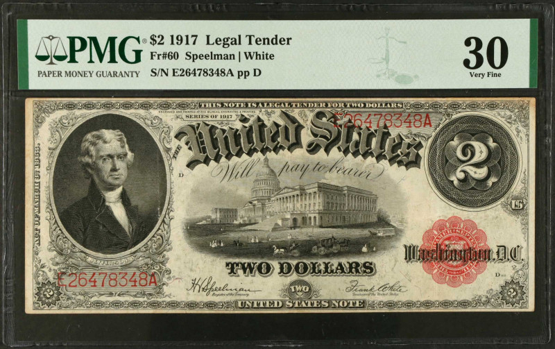 Fr. 60. 1917 $2 Legal Tender Note. PMG Very Fine 30.
Portrait of Jefferson at l...