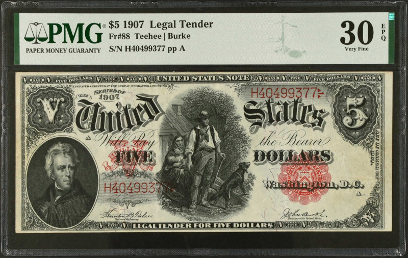 Fr. 88. 1907 $5 Legal Tender Note. PMG Very Fine 30 EPQ.
Offered with PMG's cov...