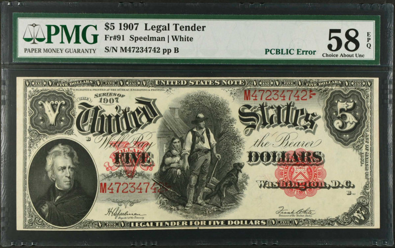 Fr. 91. 1907 $5 Legal Tender Note. PMG Choice About Uncirculated 58 EPQ.
"PCBLI...