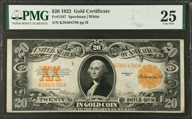 Fr. 1187. 1922 $20 Gold Certificate. PMG Very Fine 25.
An attractive VF offerin...