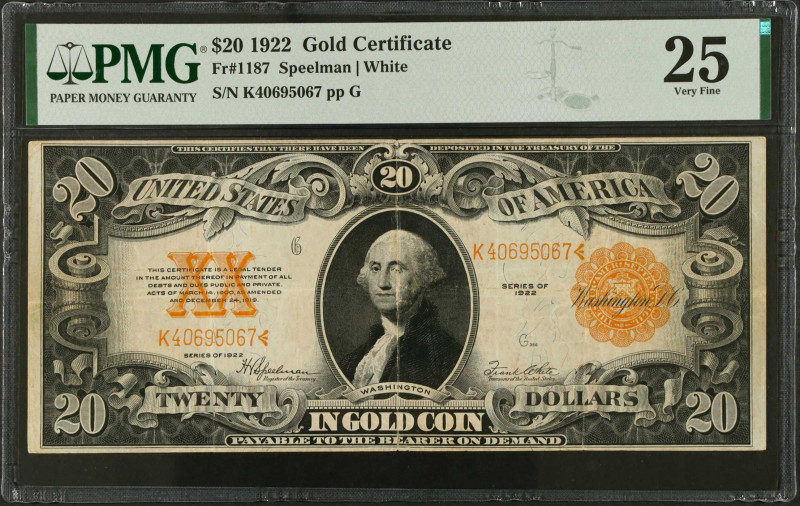 Fr. 1187. 1922 $20 Gold Certificate. PMG Very Fine 25.
Our nation's first Presi...