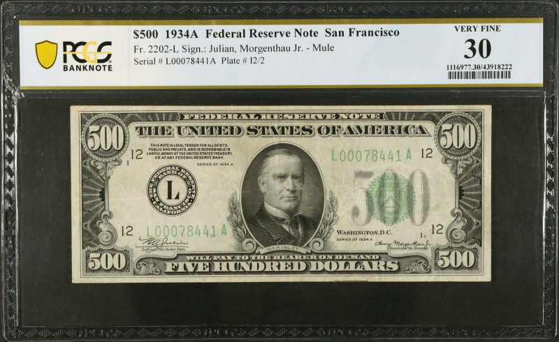 Fr. 2202-L. 1934A $500 Federal Reserve Mule Note. San Francisco. PCGS Banknote V...