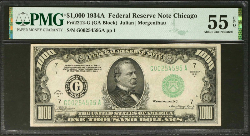 Fr. 2212-G. 1934A $1000 Federal Reserve Note. Chicago. PMG About Uncirculated 55...